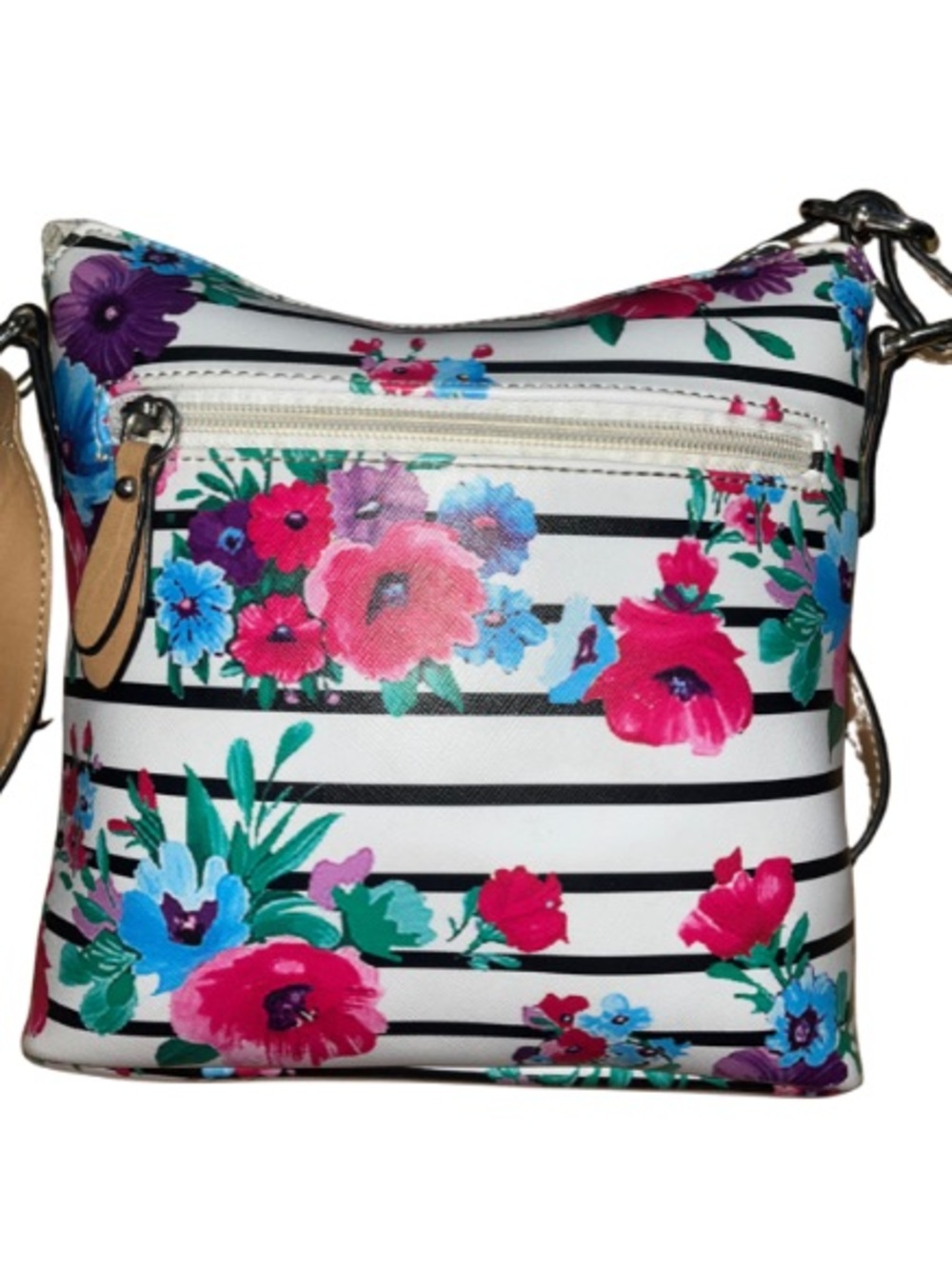 Giani Bernini Floral Stripe Faux Saffiano Crossbody Bag W/Tan Trim, GUC - Picture 3 of 9